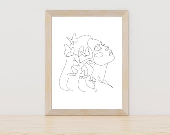 Female Line Art, Female with Butterfly Line Art, Woman Line Art Print, Line Art Print, Minimalist Decor Female Wall Art, One Line Drawing