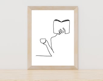 Book and Coffee Fine Line Art, Woman Book and Coffee Print, Abstract Coffee and Book Poster, Kitchen Art Print, Woman Reading Wall Artwork