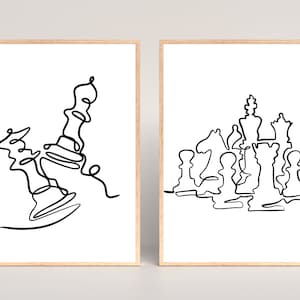 Set of 2 Chess Wall Art Prints, Game Player Printable Poster, Minimalist Wall Decor, Chess Lover, Line Art Drawing, Digital Download, Chess
