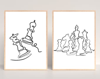 Set of 2 Chess Wall Art Prints, Game Player Printable Poster, Minimalist Wall Decor, Chess Lover, Line Art Drawing, Digital Download, Chess