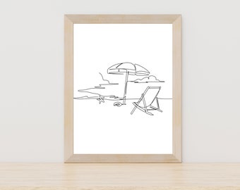 Arte de linha de praia Linha de férias Arte de viagem Arte de parede Decoração de parede de verão Decoração de parede de casa de praia Guarda-chuva de praia Arte de linha de praia Arte de pôster para impressão
