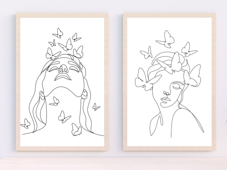 May include: Two black and white line drawings of women's faces with butterflies around their heads. The woman on the left has her eyes closed and her head tilted back. The woman on the right has her eyes open and her head tilted to the side.