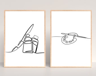 Set of 2 Artist Line Art, Painting Wall Art, Painting Decor, Artist Lover Gift, Gift for an Artist, Minimalist Painter Line Art,Paint Pallet