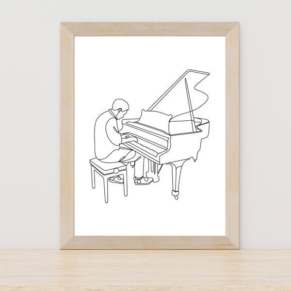 Minimalist Piano Player Line Art, Music Room Wall Decor, Piano Player Gift, Piano Teacher Gift, Piano Lover Wall Decor, Grand Piano Wall Art