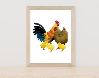 Chickens watercolor painting, rooster illustration