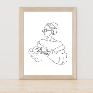 Coffee Woman Art Print, Line Drawing Coffee, Coffee Line Art Poster, Female Drinking Coffee Wall Art, Coffee Lover Art, Coffee in Hands Art