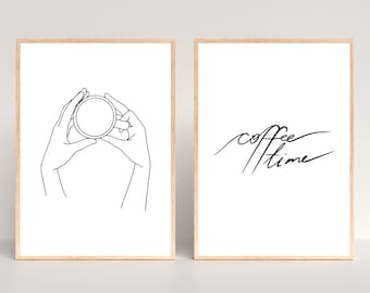 May include: Two black and white line art prints. The first print shows a pair of hands holding a coffee cup. The second print says "coffee time" in a handwritten font.