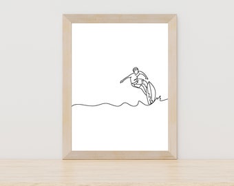 Minimalist Surfer Line Art, Surfboard Printable, Ocean Wall Decor, Ocean Water Sport Print, Traveler Poster, Boho Surfer Print, Surfer Art