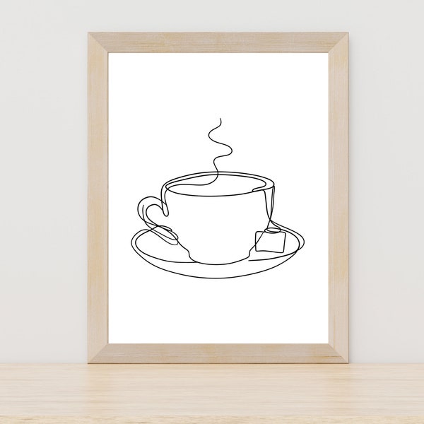 Tea Cup One Line Art Print, Tea Lover Print, Tea Cup Wall Art, Printable Cup Poster Wall Art, Kitchen Decor, Single Line Drawing, Tea Gift