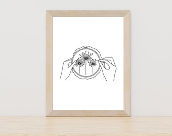 Hand Embroidery Line Wall Art, Embroidery Lover, Gift for Embroidery, Craft Room Wall Art, Finished Embroidery,Embroidery of Plants,Wall Art