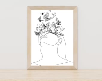 Line Art Printable Woman with Butterfly, Wall Decor, Minimal Woman Face Line Art, Female Poster, Modern Print, Minimalist Butterfly Line Art