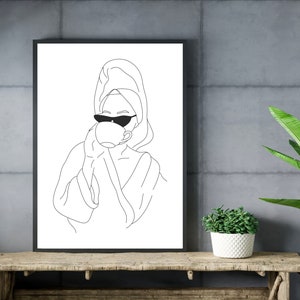 May include: Line art drawing of a person wearing a bathrobe and sunglasses, holding a cup of coffee or tea.