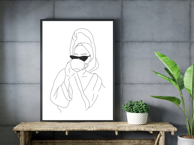 May include: Line art drawing of a person wearing a bathrobe and sunglasses, holding a cup of coffee or tea.