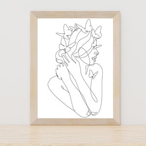 Woman with Butterflies Line Art Drawing, Butterfly Wall Decor, Woman Line Drawing, Downloadable Line Drawing, Woman Face Line Decor Art