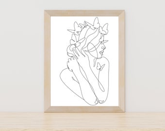 Woman with Butterflies Line Art Drawing, Butterfly Wall Decor, Woman Line Drawing, Downloadable Line Drawing, Woman Face Line Decor Art