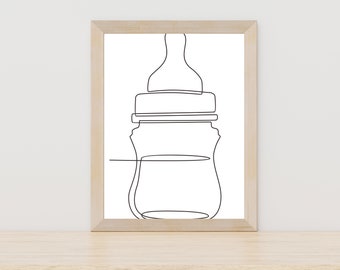 Arte de línea de botella de bebé Arte de línea de guardería Dibujo de línea de guardería Dibujo de línea familiar Madre Arte de línea de bebé Decoración de guardería Arte de línea familiar Maternidad