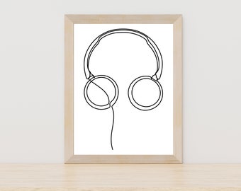 Headphones Line Art Minimalist Headphones Wall Art Headphones Digital Download Music Print DJ Wall Art Earphones Printable Headset Sketch