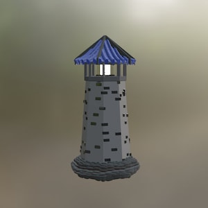 May include: A gray lighthouse with a blue roof and a white light at the top. The lighthouse is on a rocky base.