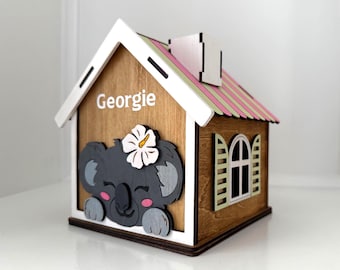 Personalized Wooden Piggy Bank Money Jar, Alcancia, Animal Nursery Decor. Moneybox
