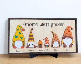 Personalized Gnome Family Sign: Custom Wood Art, Rustic Spring Home Decor