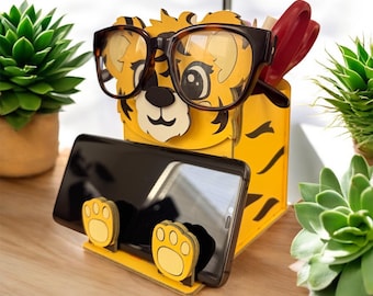 Desk Organizer: Phone and Eyeglasses Stand, Wooden Animal Pencil Holder
