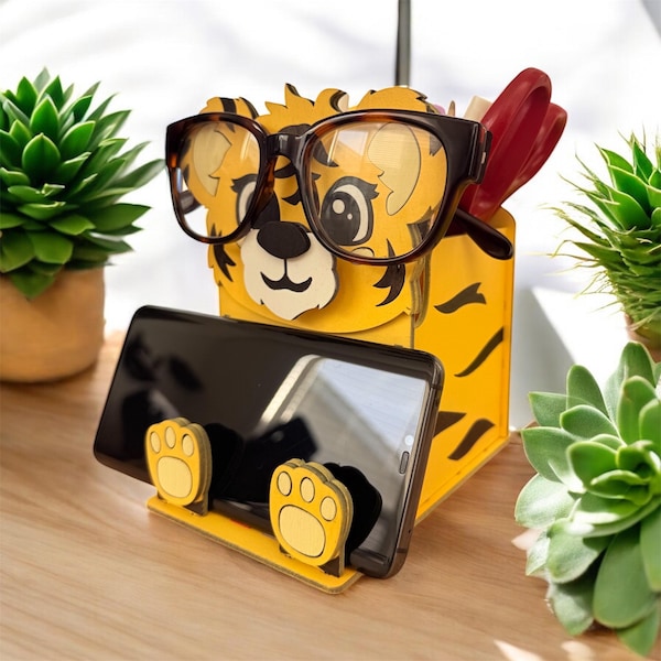 Desk Organizer: Phone and Eyeglasses Stand, Wooden Animal Pencil Holder