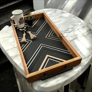 Geometric Wood Tray  Black and Natural Farmhouse Decor – Modern Rustic Centerpiece – Coffee Table or Ottoman Tray Handmade Gift