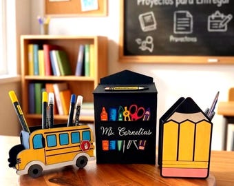 Pencil Holder Teacher Desk Decor – School Bus Pencil – Personalized Teacher Gift – Back to School