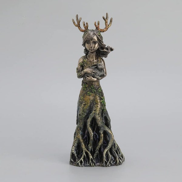 9 1/2 Inch Tall Sacred Grove Lullaby Antler Tree Goddess Holding Hare Cold Cast Bronzed Resin Statue Nature Spirit Figurine