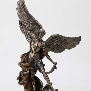 14 1/8 Inch Archangel Saint Michael Tramples Demon Religious Sculpture Defeating Lucifer Resin Statue Bronze Finish