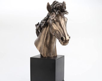 25 5/8" Tall Horse Head Bust Sculpture On Plinth Cold Cast Resin Antique Bronze Finish Large Statue equestrian