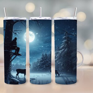 Hunter scene in moonlight with tree stand
