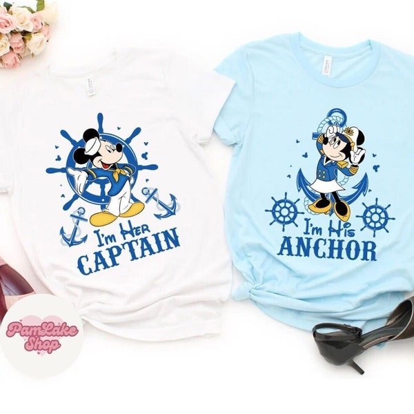 Mickey Minnie Couple Disney Cruise Shirt, I'm Her Captain I'm His Anchor Matching, Disney Family Cruise Trip 2024, Husband Wife Anniversary