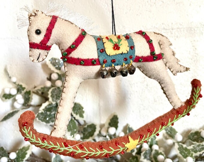 Wool Felt Embroidered Rocking Horse Collectable Ornament W/holiday ...