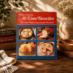 May include: A spiral-bound cookbook titled Betty Crocker's All-Time Favorites: The best recipes-by popular demand. The red and blue cover features four food photographs: a skillet meal, a loaf of bread, a citrus cake, and a fruit pie.