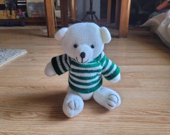 Vintage Plush Teddy Bear with Green Striped Sweater, 11"