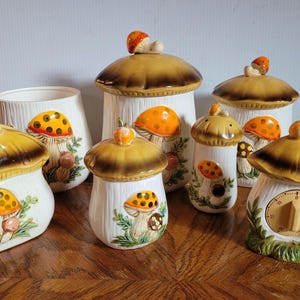 Retro Vintage Merry Mushroom 7 Piece Set Canisters Napkin Holder Timer Pepper Shaker Sears Roebuck 1978 1983 Japan EVC