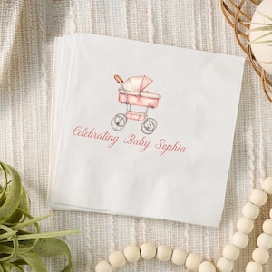 Personalized Baby Carriage Girl Baby Shower Napkins, Custom Cocktail, Luncheon Or Dinner Napkins, Monogram Pink Bow Baby Shower Napkins