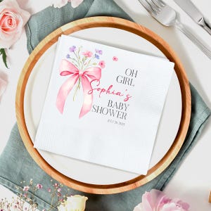 Oh Girl Pink Bow Baby Shower Napkins, Custom Baby Shower Napkins, Baby Girl Gender Reveal Party, Personalized Party Decor Napkins
