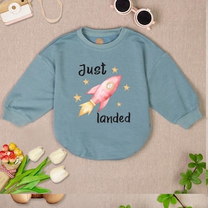 Just Landed Baby Romper Sweatshirt, Astronaut Baby Bodysuit, Baby Shower Gift, Cute Airplane Baby Boy Clothes