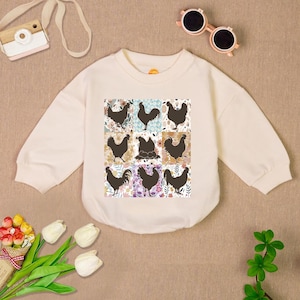 Boho Chickens Baby Romper Sweater, Chicken Farm Baby Bodysuit, Floral Chicken Baby Romper, Animal Lover Gift