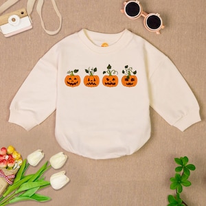 Jack-O-Lantern Pumpkin Baby Romper Sweatshirt, Pumpkin Thanksgiving Baby Romper, Spooky Season Halloween Bodysuit, Newborn Outfit