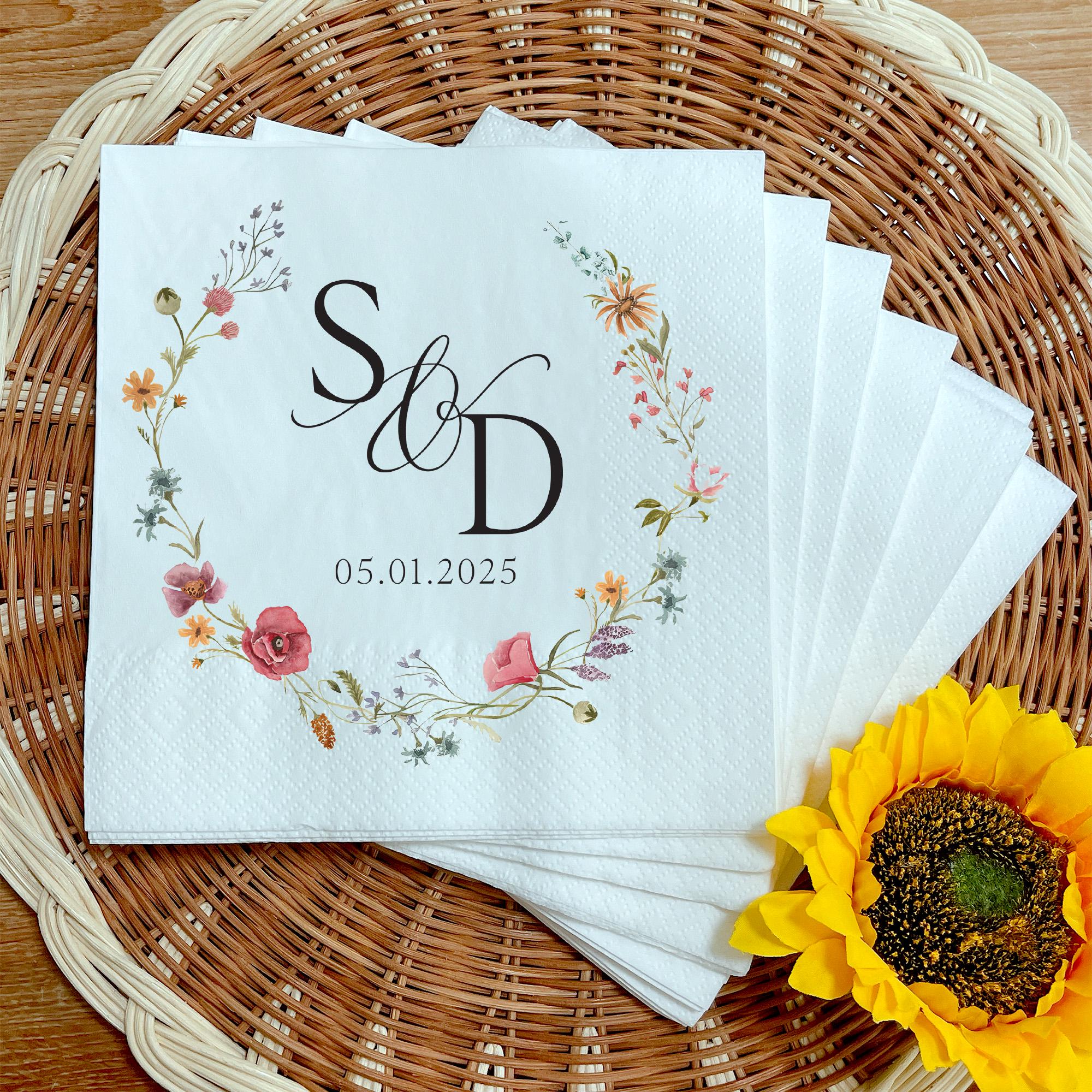 Custom Wildflower Engagement Napkins, Monogram Floral Cocktail Napkins, Engagement Party Anniversary Napkins, Custom Cocktail Napkins