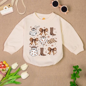 Coquette Halloween Baby Romper Sweatshirt, Girly Coquette Bow Romper, Cowboy Ghost Bodysuit, Western Halloween Romper