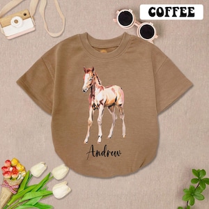 Personalized Baby Horse Watercolor Romper Short Sleeves, Cute Horse Baby Bodysuit, Animal Lover Gift, Gender Neutral Outfits