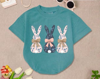 Floral Blue Bunny Baby Romper Short Sleeves, Coquette Easter Bunny Romper, Floral Bunny Bodysuit, 1St Easter Day Baby Outfit