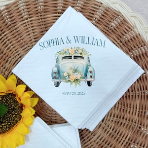 Personalized Wedding Car Napkins, Floral Wedding Cocktail Napkins, Just Married Wedding Napkins, Custom Wedding Party Napkins
