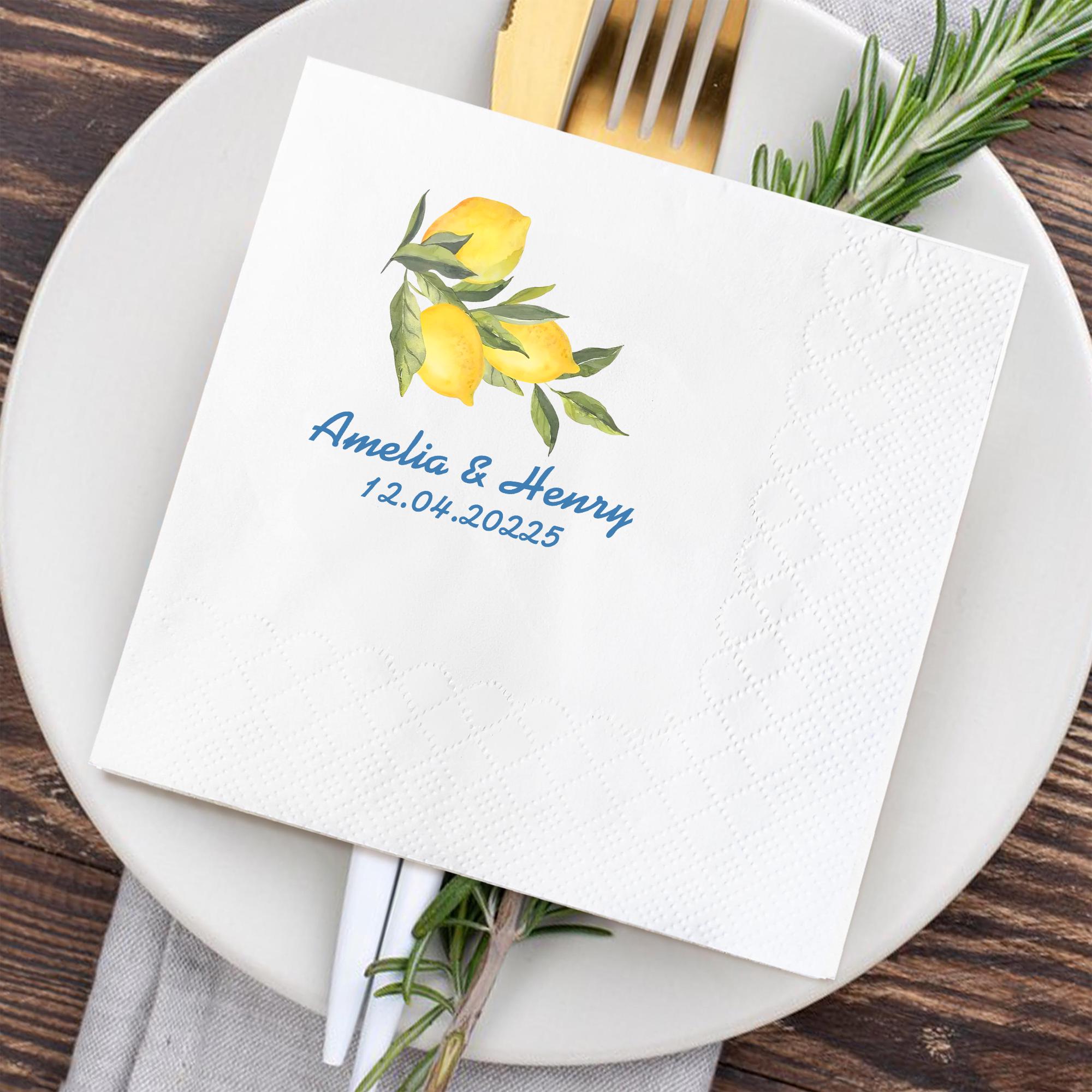 Personalized Amalfi Coast Cocktail Wedding Napkins, Lemon Bridal Shower Napkins, Personalized Rehearsal Dinner Cocktail Decor Napkins