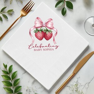 Personalized Celebrate Baby Napkins, Strawberry Baby Shower Napkins, Coquette Strawberry Baby Napkins, Personalized Baby Shower Napkins