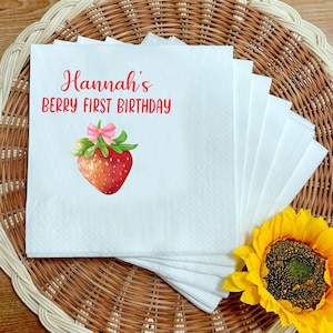 Personalized Strawberry 1St Birthday Napkins, Custom First Birthday Napkins, Summer Birthday Party Girl Napkins, Strawberry Theme Napkins